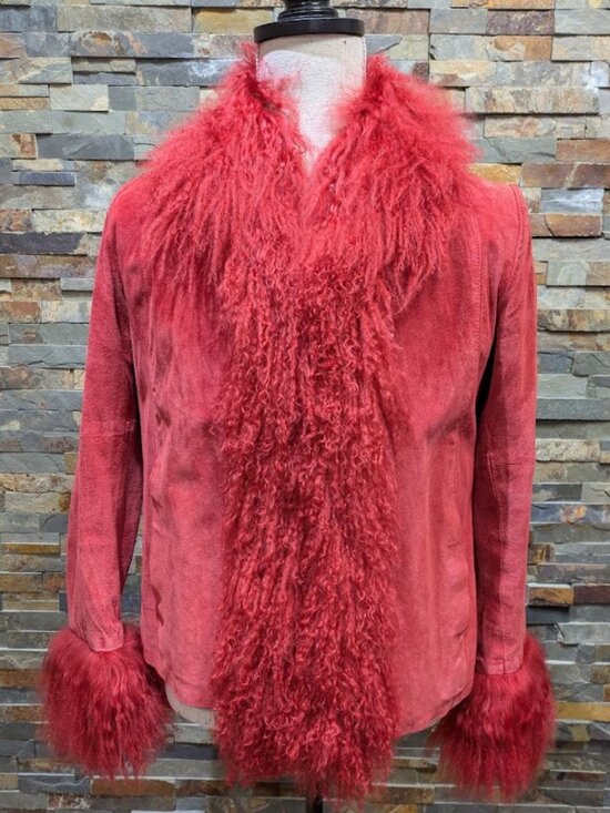 Running Wild Jackets & Blazers - Real Red Mongolian Lamb Trimmed Suede Jacket sz Medium Afghan Penny Lane Coat